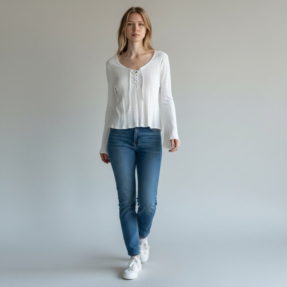 Lucky Brand Henley Top White‎ Ribbed Long Sleeve XL